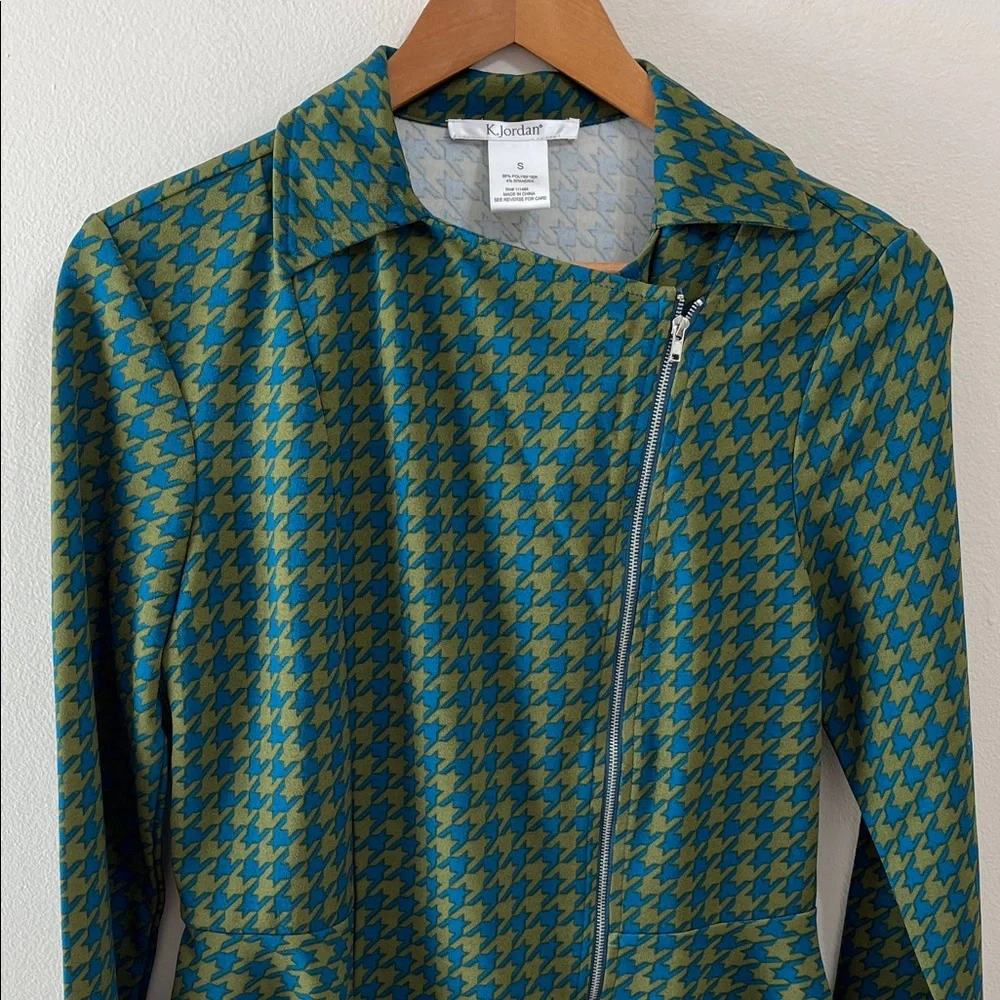 K Jordan Moto Houndstooth Blazer Jacket Top Size Small Green Blue lightweight